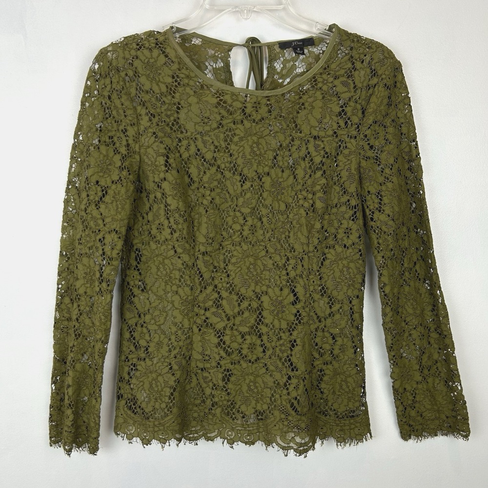 J Crew Lace Top Womens 2 Petite Long Sleeve Shirt Olive Green Sheer Sleeve